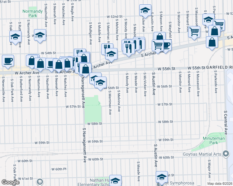 map of restaurants, bars, coffee shops, grocery stores, and more near 5616 South Melvina Avenue in Chicago
