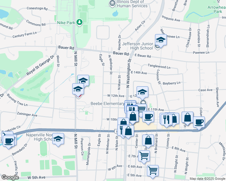 map of restaurants, bars, coffee shops, grocery stores, and more near 1222 North Webster Street in Naperville