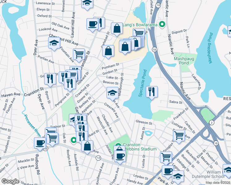 map of restaurants, bars, coffee shops, grocery stores, and more near 55 Lowell Street in Cranston