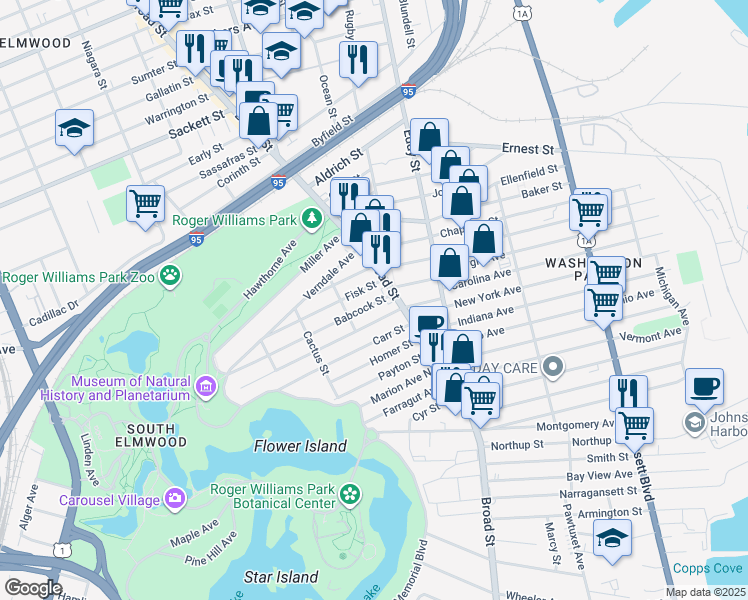 map of restaurants, bars, coffee shops, grocery stores, and more near 17 Babcock Street in Providence