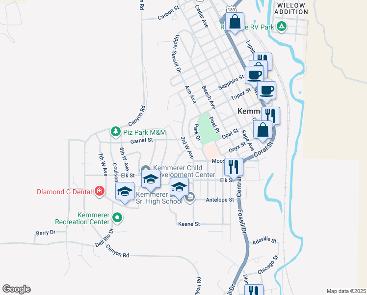 map of restaurants, bars, coffee shops, grocery stores, and more near 1019 3rd West Avenue in Kemmerer