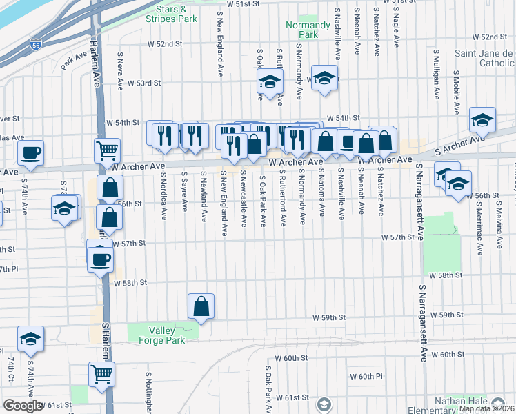 map of restaurants, bars, coffee shops, grocery stores, and more near 5606 South Oak Park Avenue in Chicago