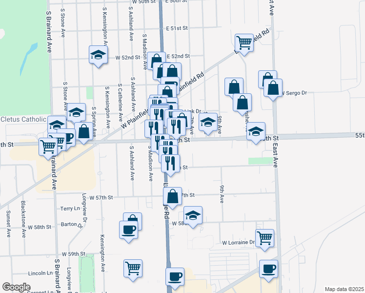map of restaurants, bars, coffee shops, grocery stores, and more near 9943 West 55th Street in Countryside