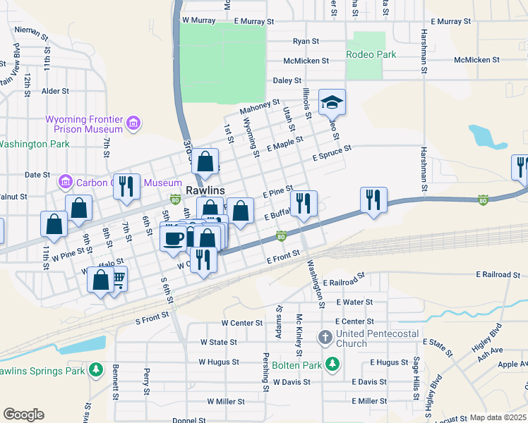 map of restaurants, bars, coffee shops, grocery stores, and more near 115 East Buffalo Street in Rawlins