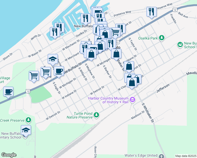 map of restaurants, bars, coffee shops, grocery stores, and more near 213 South Smith Street in New Buffalo