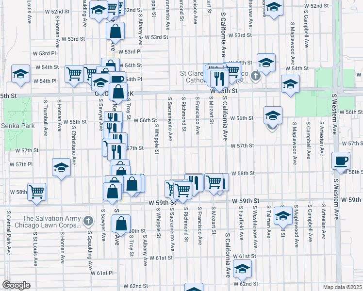 map of restaurants, bars, coffee shops, grocery stores, and more near 5658 South Richmond Street in Chicago