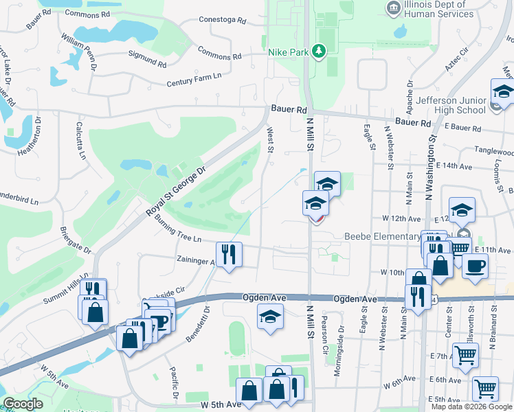 map of restaurants, bars, coffee shops, grocery stores, and more near 1217 West Street in Naperville
