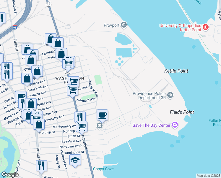 map of restaurants, bars, coffee shops, grocery stores, and more near 55 Shipyard St in Providence