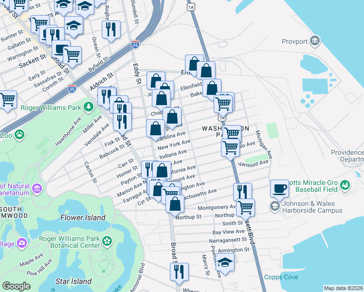 map of restaurants, bars, coffee shops, grocery stores, and more near 245 Indiana Avenue in Providence