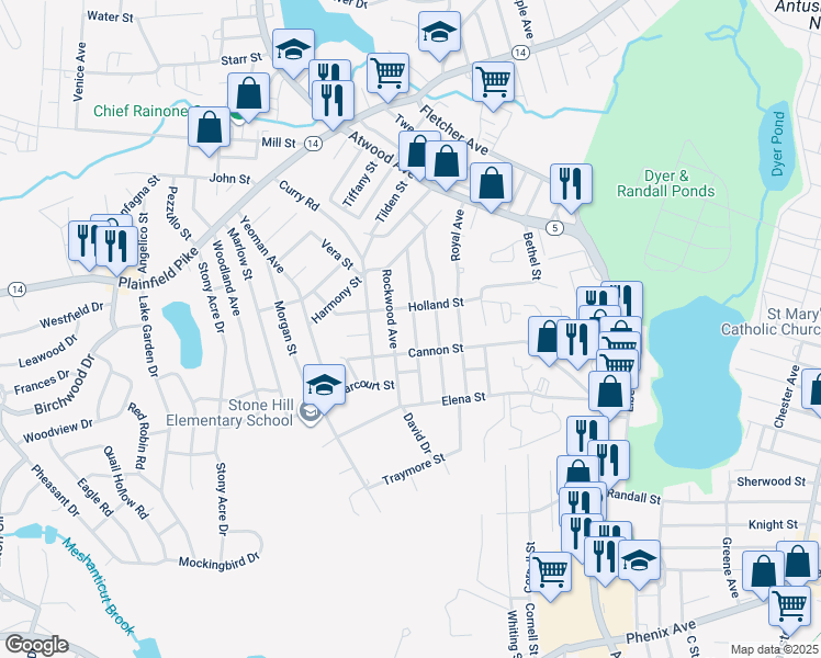 map of restaurants, bars, coffee shops, grocery stores, and more near 90 Madison Avenue in Cranston