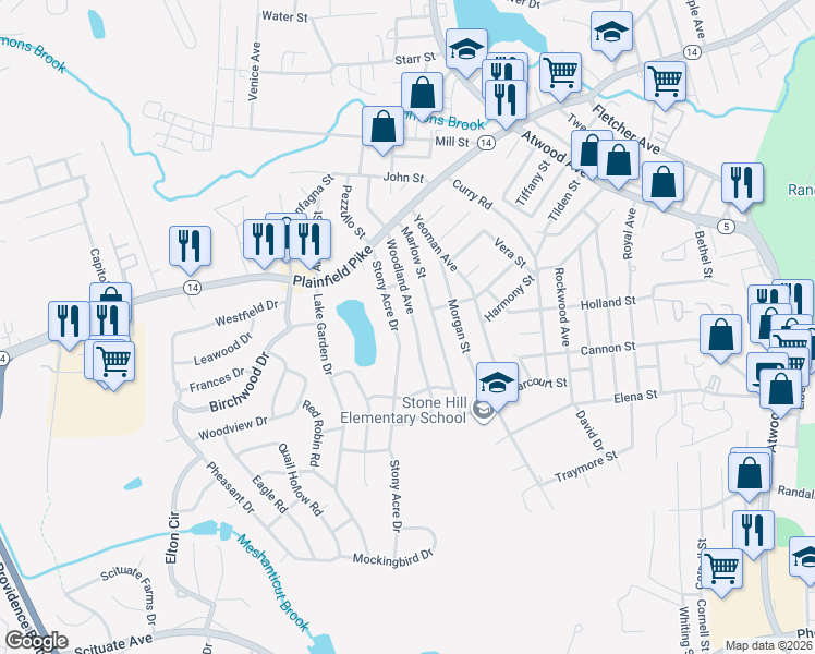 map of restaurants, bars, coffee shops, grocery stores, and more near 94 Stony Acre Drive in Cranston