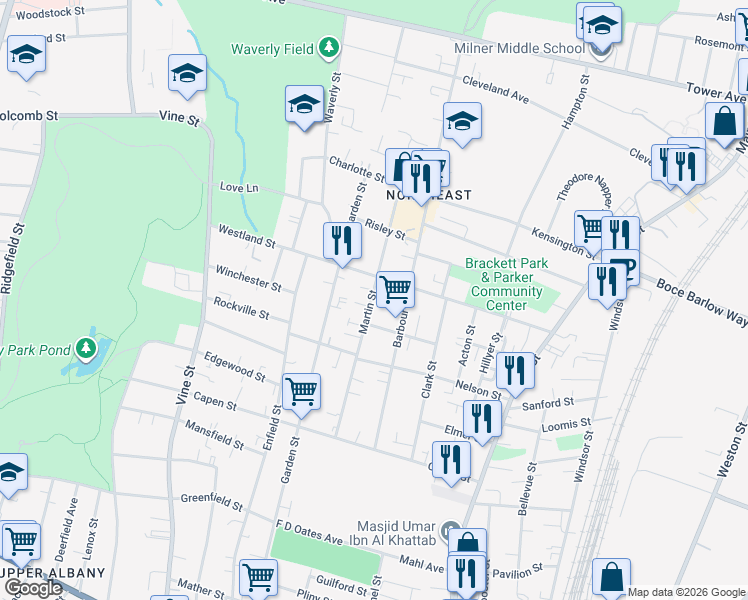 map of restaurants, bars, coffee shops, grocery stores, and more near in Hartford