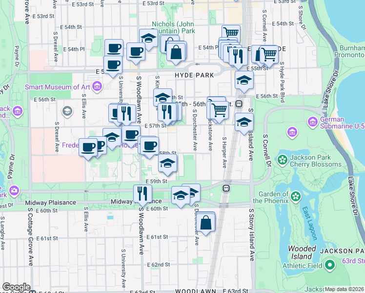 map of restaurants, bars, coffee shops, grocery stores, and more near 1358 East 58th Street in Chicago