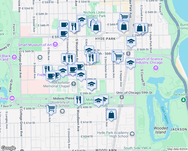 map of restaurants, bars, coffee shops, grocery stores, and more near 1320 East 58th Street in Chicago