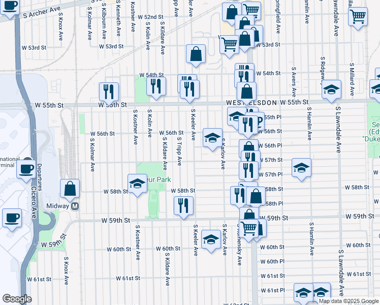 map of restaurants, bars, coffee shops, grocery stores, and more near 5649 South Tripp Avenue in Chicago
