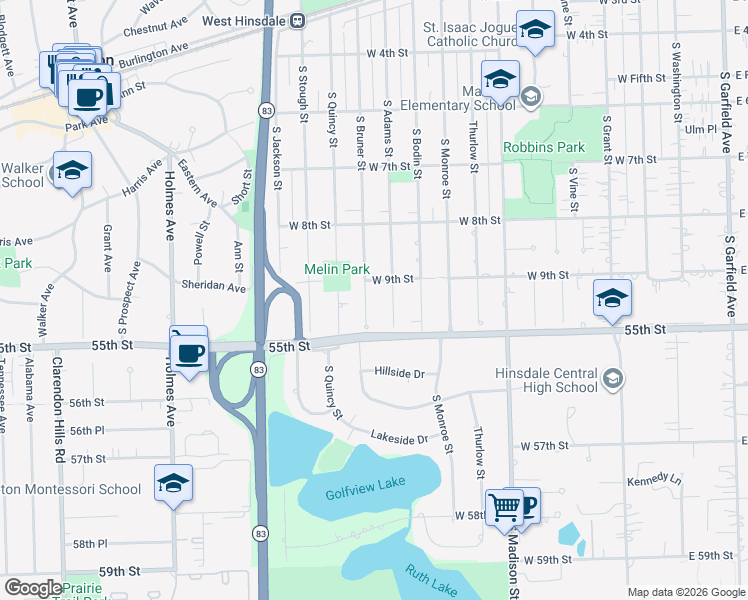 map of restaurants, bars, coffee shops, grocery stores, and more near 923 South Bruner Street in Hinsdale