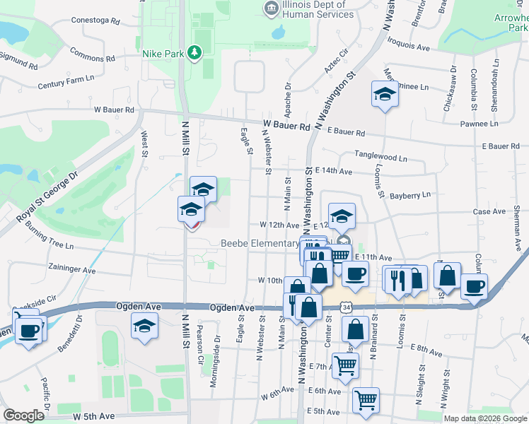map of restaurants, bars, coffee shops, grocery stores, and more near 1222 North Webster Street in Naperville