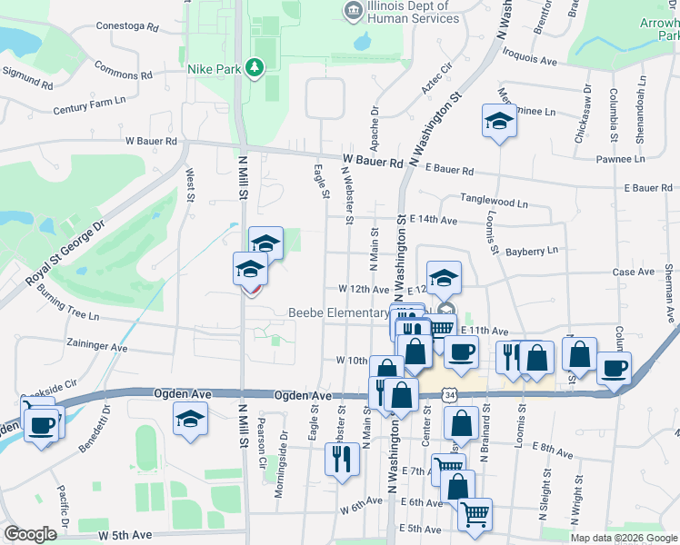 map of restaurants, bars, coffee shops, grocery stores, and more near 1216 Eagle Street in Naperville