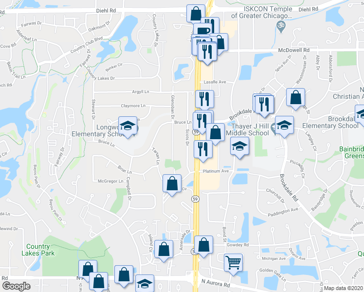 map of restaurants, bars, coffee shops, grocery stores, and more near 5S453 Glenoban Drive in Naperville