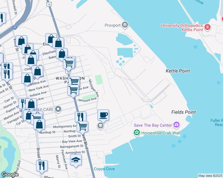 map of restaurants, bars, coffee shops, grocery stores, and more near Shipyard Street in Providence