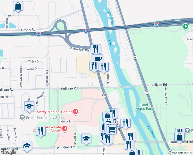map of restaurants, bars, coffee shops, grocery stores, and more near 416 South Lincolnway Street in North Aurora