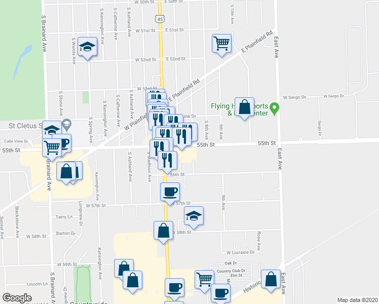 map of restaurants, bars, coffee shops, grocery stores, and more near 9945 West 55th Street in Countryside