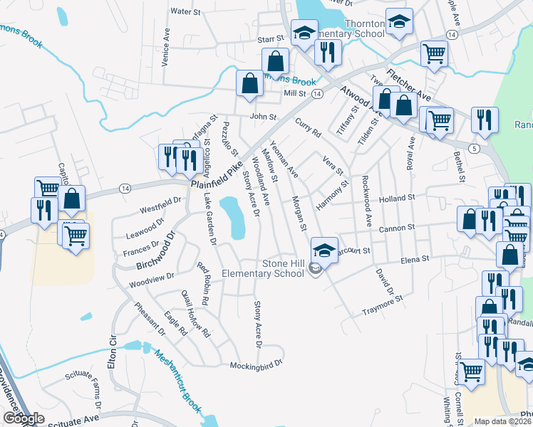 map of restaurants, bars, coffee shops, grocery stores, and more near 94 Stony Acre Drive in Cranston