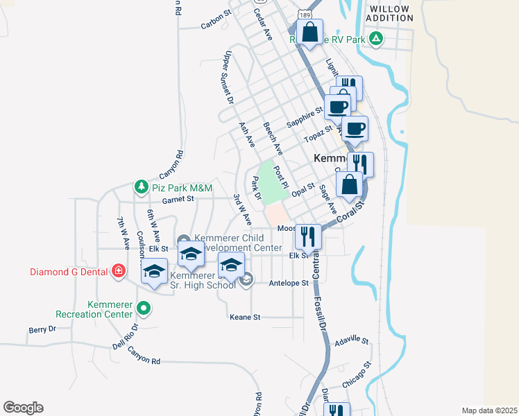 map of restaurants, bars, coffee shops, grocery stores, and more near 1001 Park Drive in Kemmerer