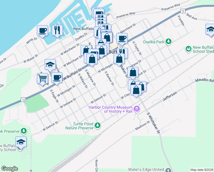 map of restaurants, bars, coffee shops, grocery stores, and more near 213 South Smith Street in New Buffalo