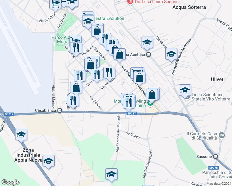 map of restaurants, bars, coffee shops, grocery stores, and more near 17/1 Via Firenze in Ciampino