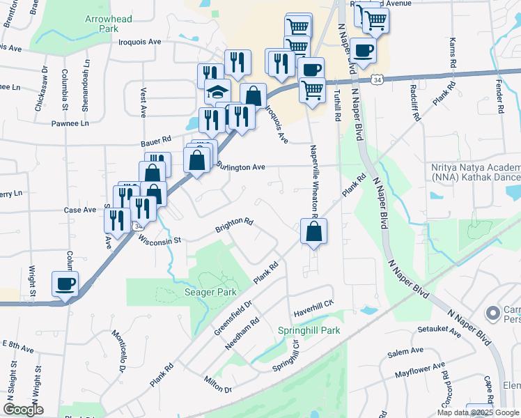 map of restaurants, bars, coffee shops, grocery stores, and more near 1244 Marls Court in Naperville
