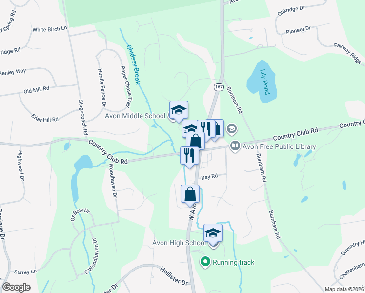 map of restaurants, bars, coffee shops, grocery stores, and more near 326 Country Club Road in Avon