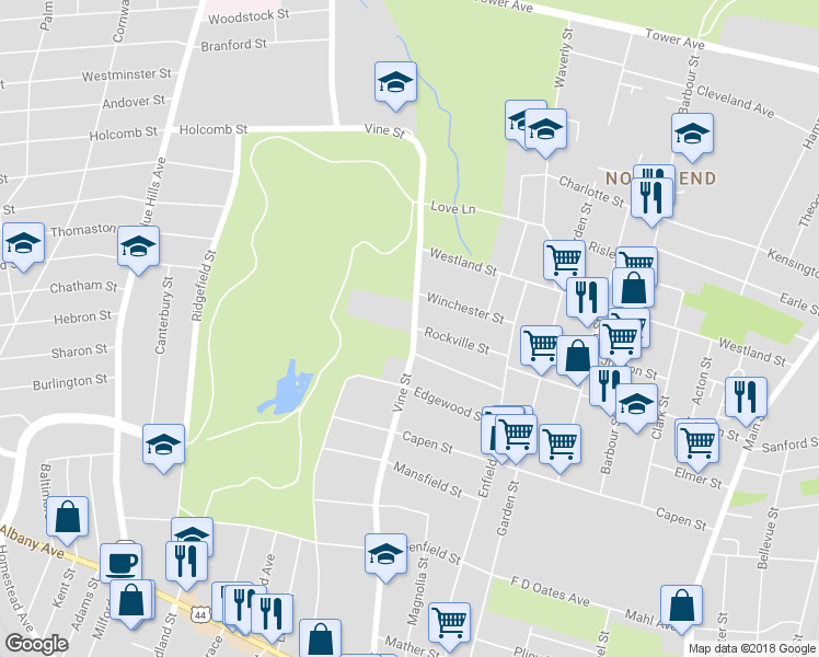 map of restaurants, bars, coffee shops, grocery stores, and more near 337 Vine Street in Hartford