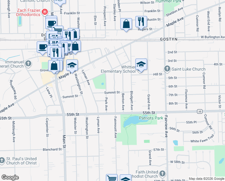 map of restaurants, bars, coffee shops, grocery stores, and more near 700 Summit Street in Downers Grove