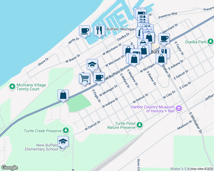 map of restaurants, bars, coffee shops, grocery stores, and more near 22 South Berrien Street in New Buffalo