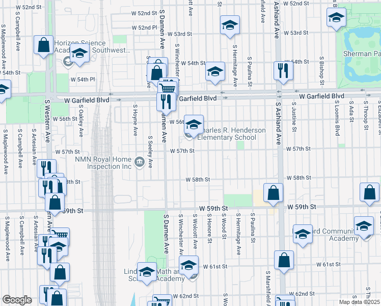 map of restaurants, bars, coffee shops, grocery stores, and more near 5700 South Wolcott Avenue in Chicago