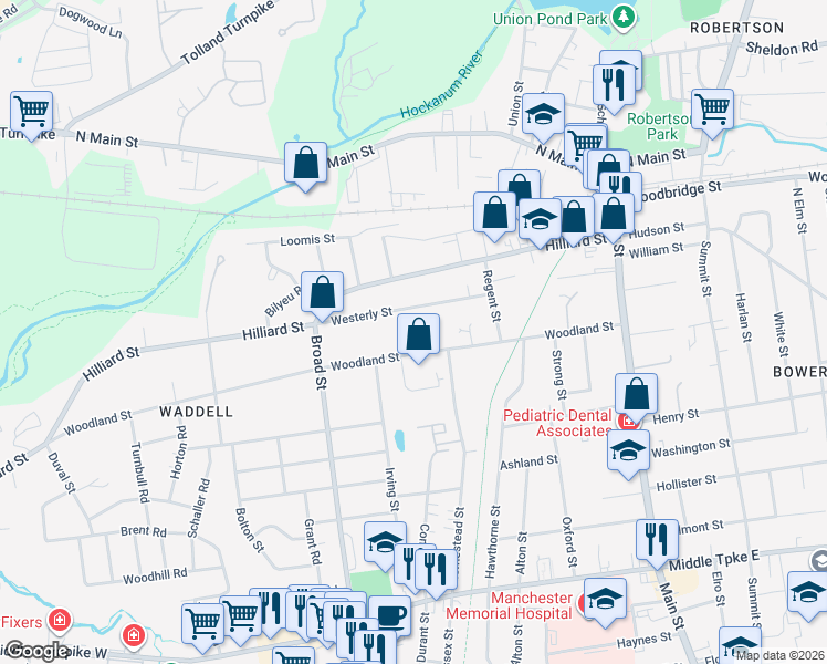 map of restaurants, bars, coffee shops, grocery stores, and more near 173 Woodland Street in Manchester
