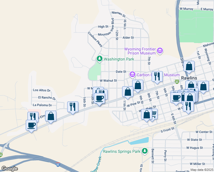 map of restaurants, bars, coffee shops, grocery stores, and more near 1301 West Maple Street in Rawlins