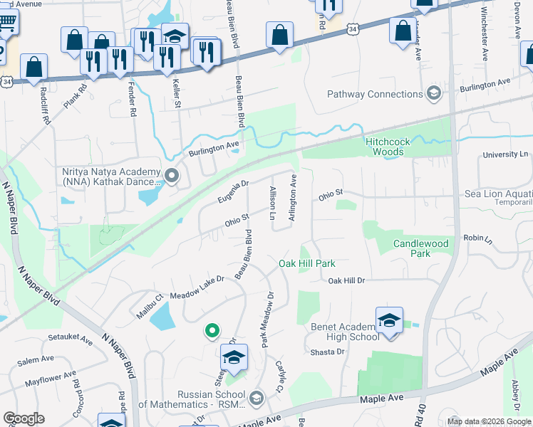 map of restaurants, bars, coffee shops, grocery stores, and more near 24W479 Ohio Street in Naperville