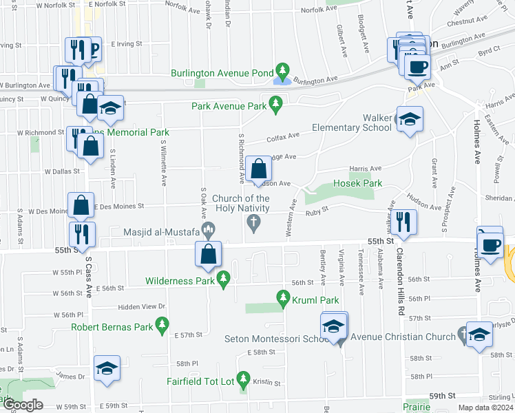 map of restaurants, bars, coffee shops, grocery stores, and more near 422 Ruby Street in Clarendon Hills