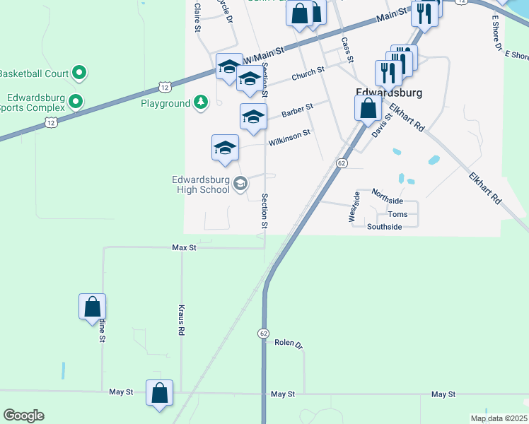 map of restaurants, bars, coffee shops, grocery stores, and more near 69410 Section Street in Edwardsburg