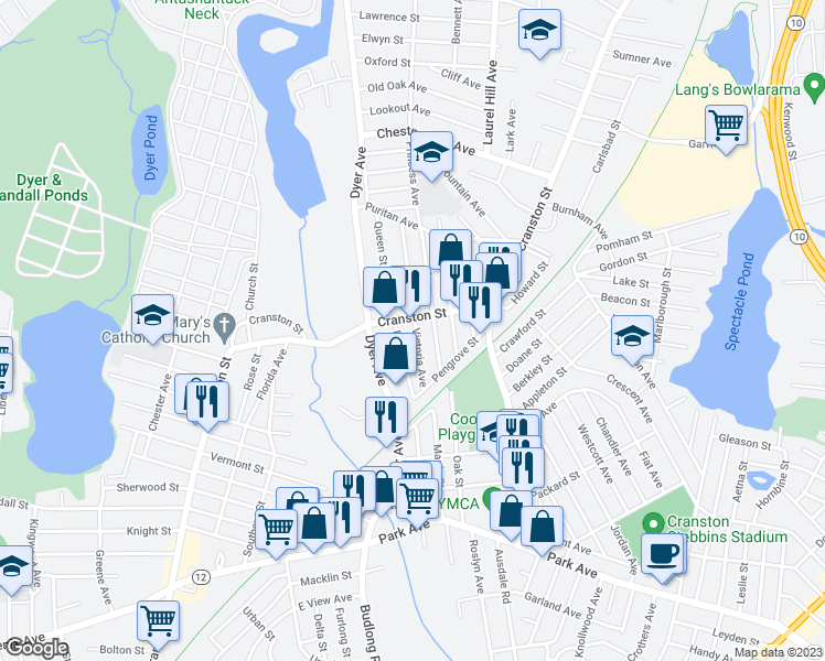 map of restaurants, bars, coffee shops, grocery stores, and more near 52 Victoria Avenue in Cranston