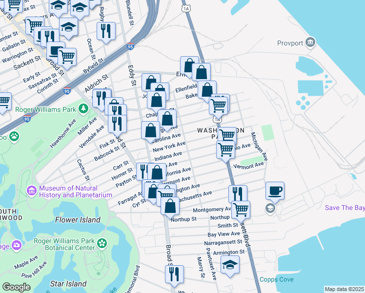 map of restaurants, bars, coffee shops, grocery stores, and more near 245 Indiana Avenue in Providence