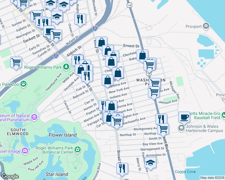map of restaurants, bars, coffee shops, grocery stores, and more near 362 New York Avenue in Providence