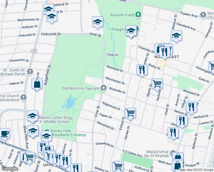 map of restaurants, bars, coffee shops, grocery stores, and more near 28 Rockville Street in Hartford