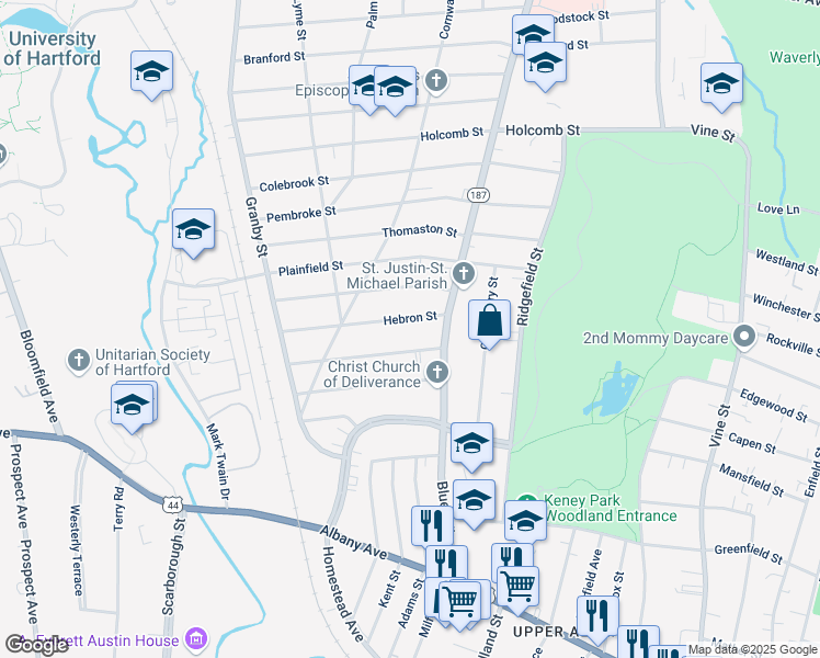 map of restaurants, bars, coffee shops, grocery stores, and more near 45 Hebron Street in Hartford