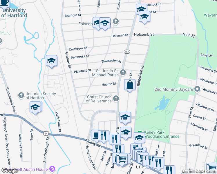 map of restaurants, bars, coffee shops, grocery stores, and more near 45 Hebron Street in Hartford