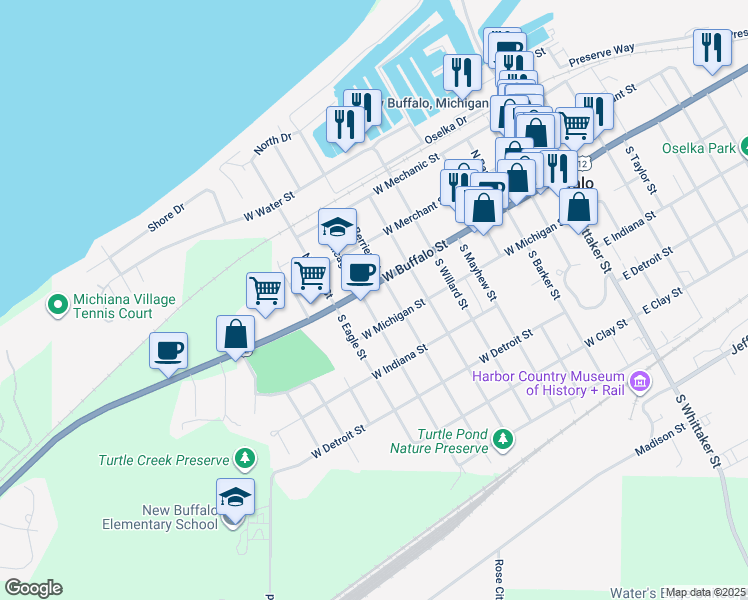 map of restaurants, bars, coffee shops, grocery stores, and more near 22 South Berrien Street in New Buffalo