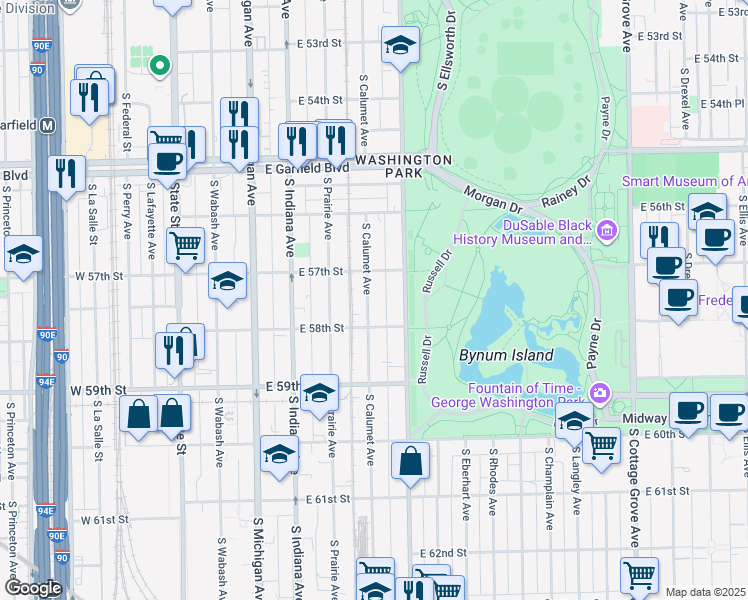 map of restaurants, bars, coffee shops, grocery stores, and more near 5730 South King Drive in Chicago