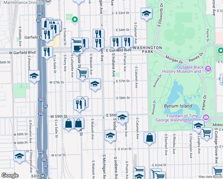 map of restaurants, bars, coffee shops, grocery stores, and more near 5734 South Indiana Avenue in Chicago
